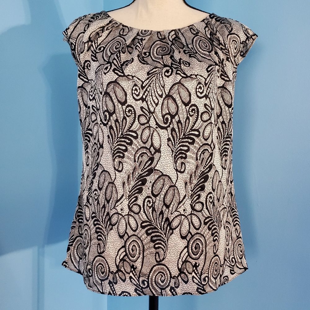 WORTHINGTON Black | Silver Spider Web Lacy Floral Cap Sleeve Blouse Sz MP